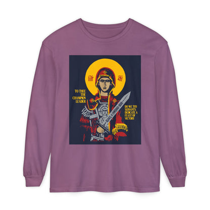 To Thee the Champion Leader | Mother of God | Theotokos with Sword IconoGraphic | Orthodox Christian Long Sleeve Shirt