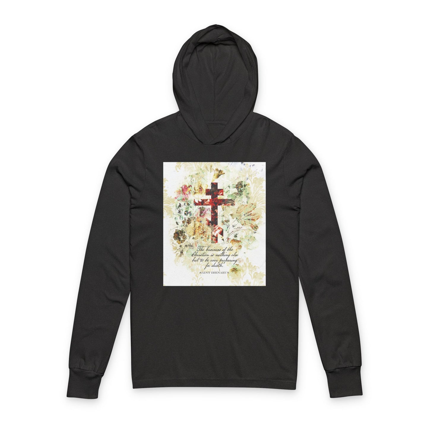 Preparing For Death | White & Beige Floral Scrapbook Texture Cross | Arts & Crafts Style | St Irenaeus | Orthodox Long Sleeve Hooded Shirt