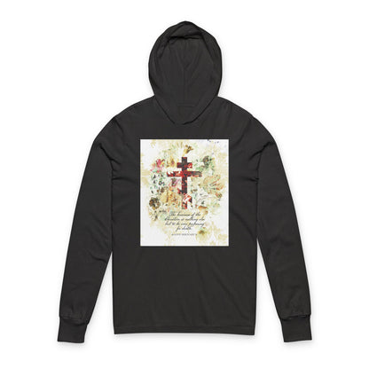Preparing For Death | White & Beige Floral Scrapbook Texture Cross | Arts & Crafts Style | St Irenaeus | Orthodox Long Sleeve Hooded Shirt