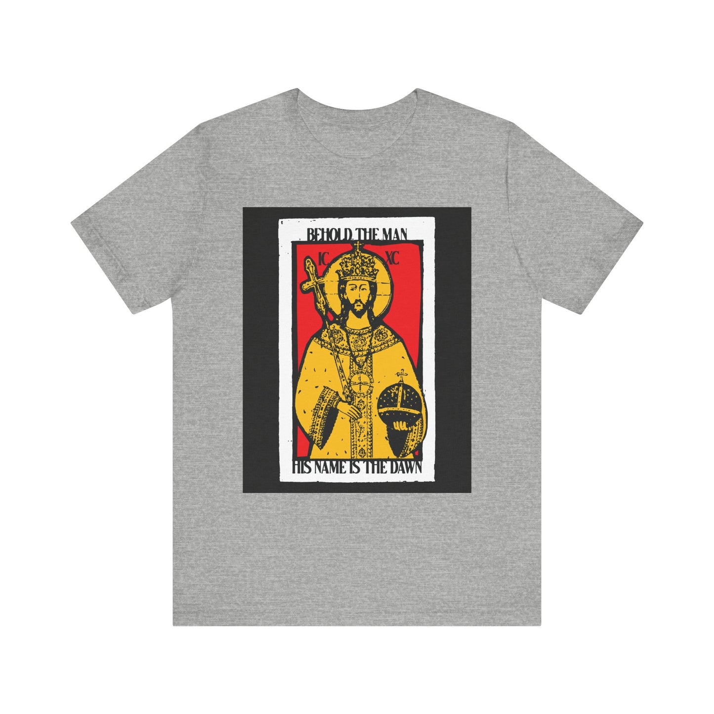Athletic Heather tee with red & yellow Christ icono-graphic and “Behold the Man His Name is the Dawn” inspired by Zechariah 6:12 (LXX); lightweight cotton unisex fit, Messianic design.