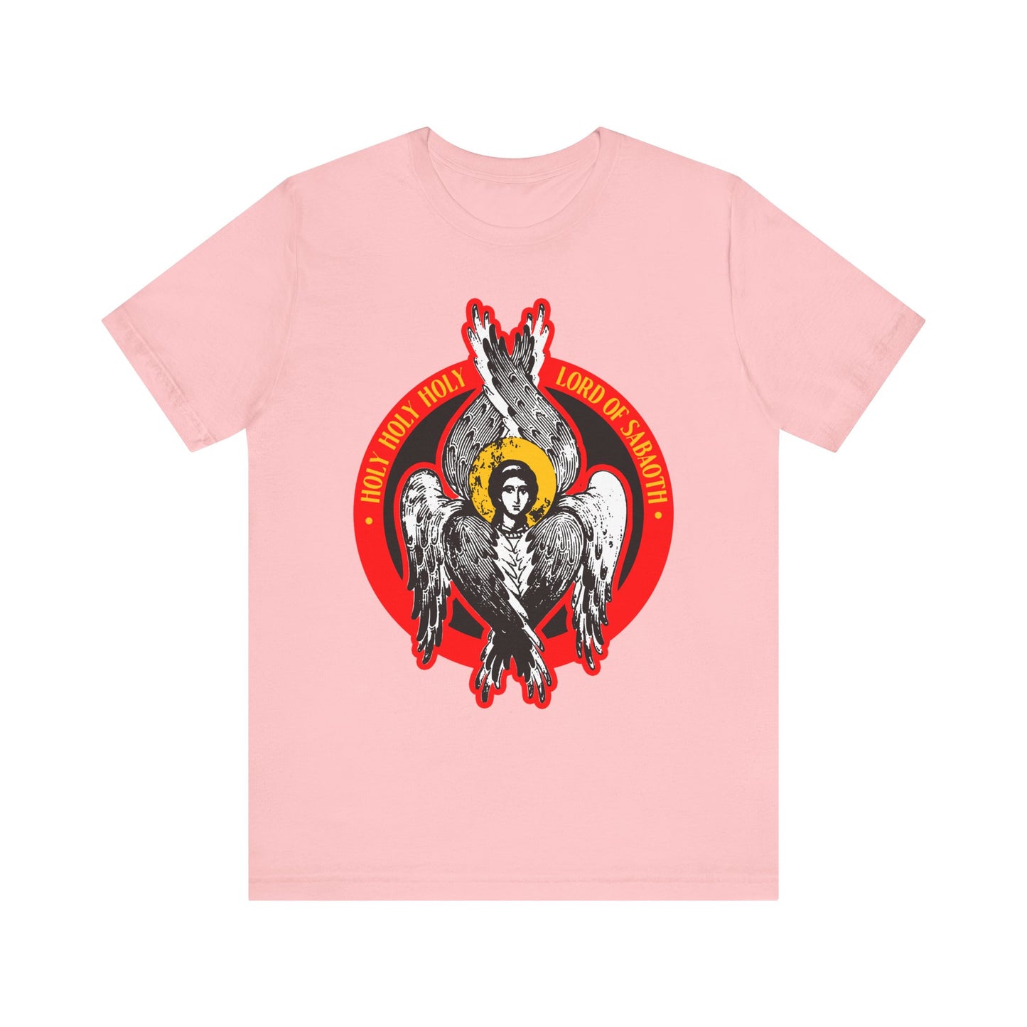The pink "Holy Holy Holy, Lord of Sabaoth" tee features a seraphim angel icon and Isaiah 6 text, encircled in bold red. Lightweight cotton unisex design from the Unseen Realm collection.