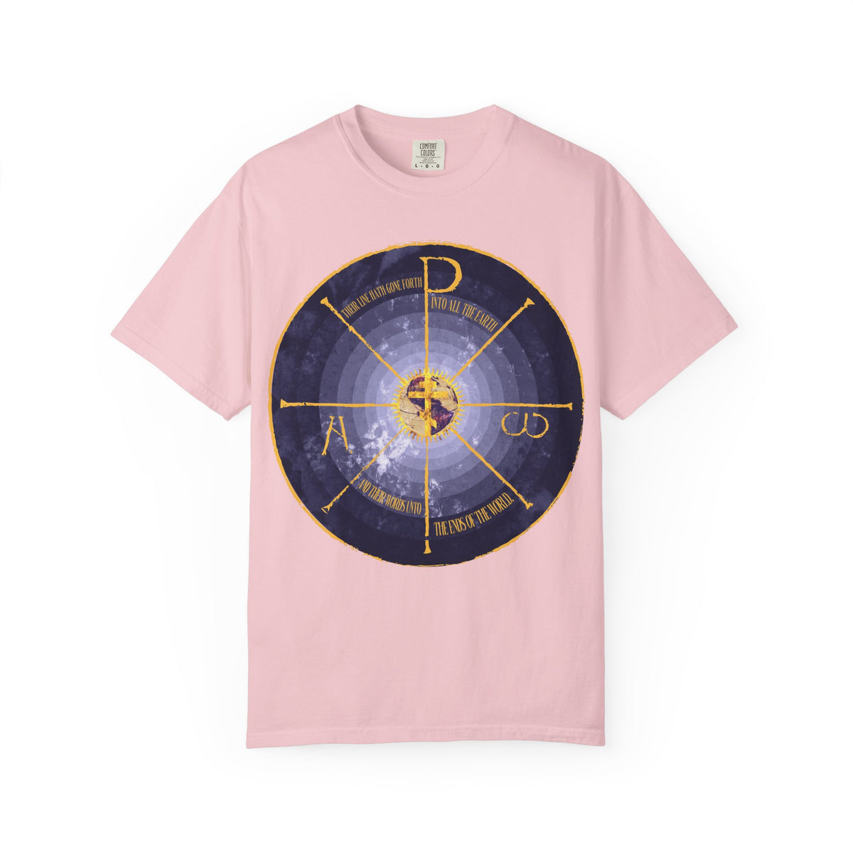 Blossom-colored Geocentric Cross & Chi Rho Heavyweight Cotton Unisex Tee, featuring a medieval-style blue and yellow circular chart with an intricate Christogram (Chi Rho) and Alpha & Omega, printed on the front center.