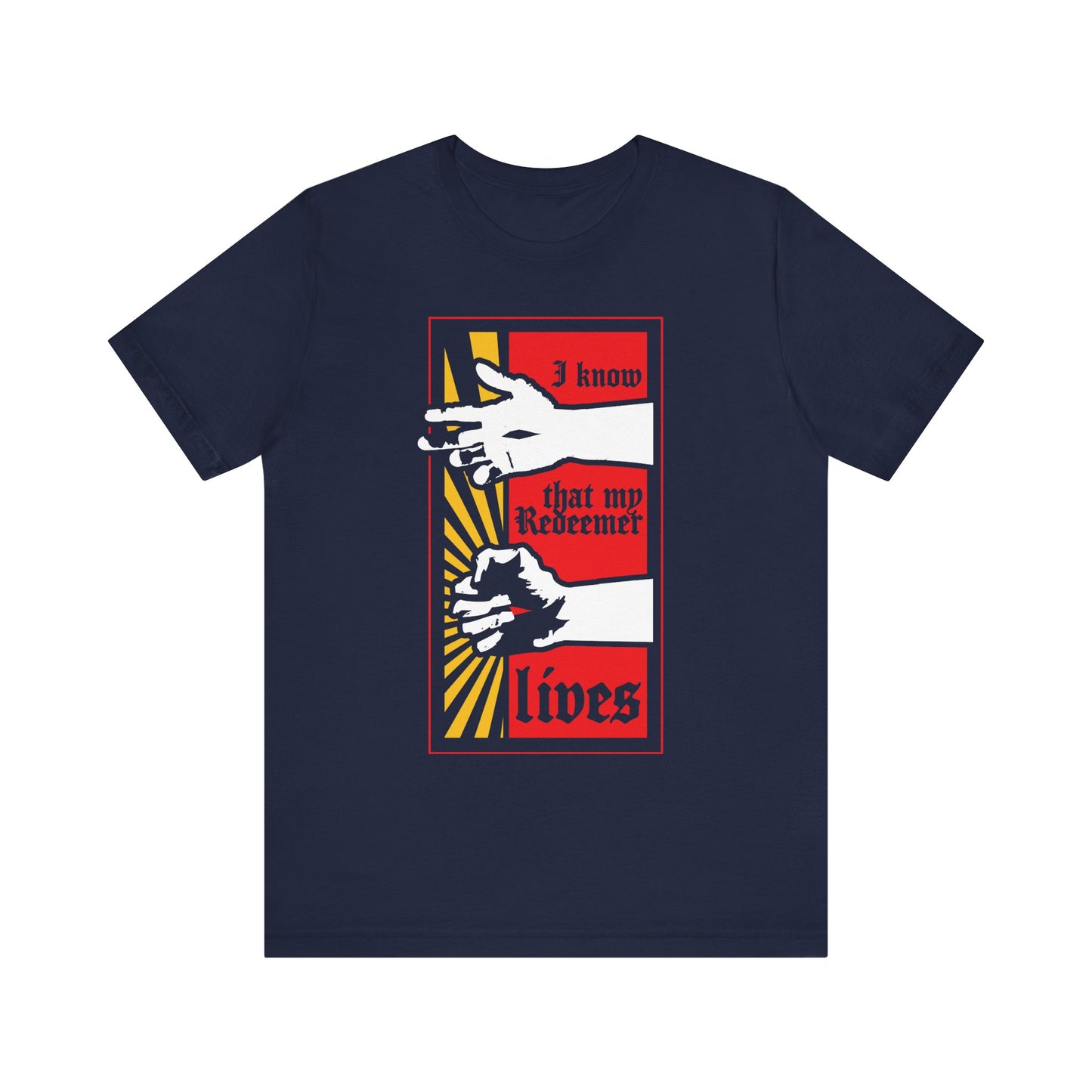 Navy unisex t-shirt featuring a comic book style Christ Resurrected graphic and "I Know That My Redeemer Lives" (Job 19:25) text. Lightweight cotton—perfect for those who cherish scripture-inspired designs.