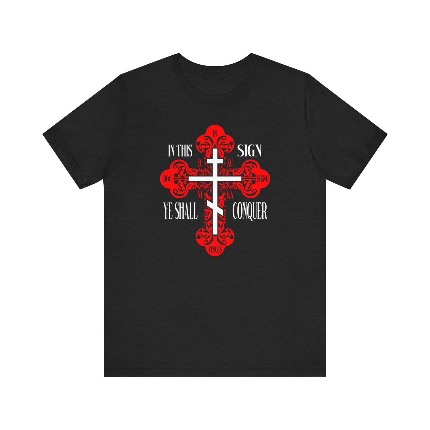 Solid Black Blend unisex tee featuring an ornate Orthodox cross with the phrase “In This Sign Ye Shall Conquer.” Inspired by faith and spiritual warfare. Product: In Hoc Signo Vinces | ICXC NIKA | Jesus Christ Conquers.