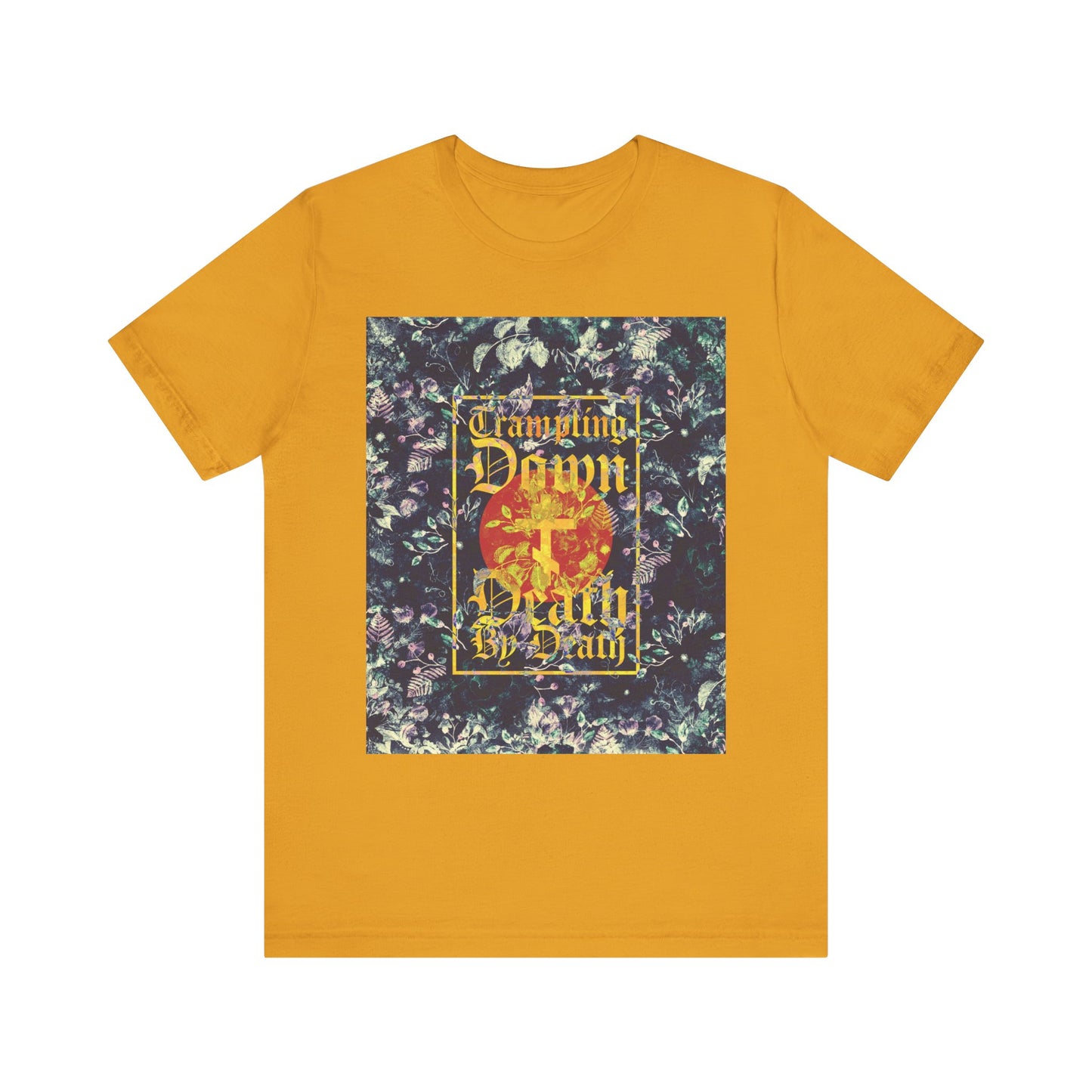 Introducing the "Trampling Down Death By Death" Orthodox lightweight cotton unisex tee in mustard, featuring a Paschal floral design with ornate Gothic script and a three-bar cross—drawing inspiration from the Akathist to Jesus and the spirit of Christ the Conqueror celebrated by St. Nikolai Velimirovic.
