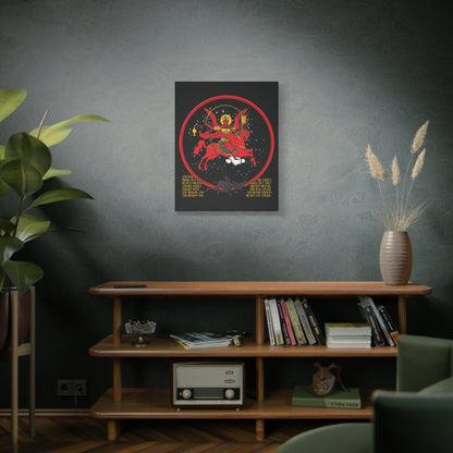 The Archangel Michael of the Apocalypse Icono-Graphic | War in Heaven (Rev 12:7-9) Christian Canvas Art is displayed framed above a wooden shelf with books, a vintage radio, plants, and a vase.