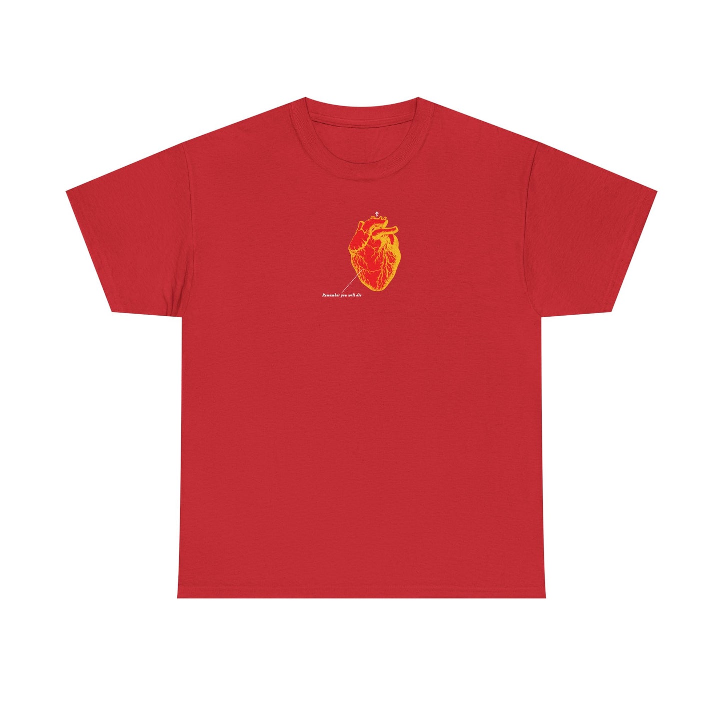 Red unisex tee with an antique medical anatomical heart graphic in red and orange, featuring "Memento Mori" Christian theme. Made of midweight cotton.