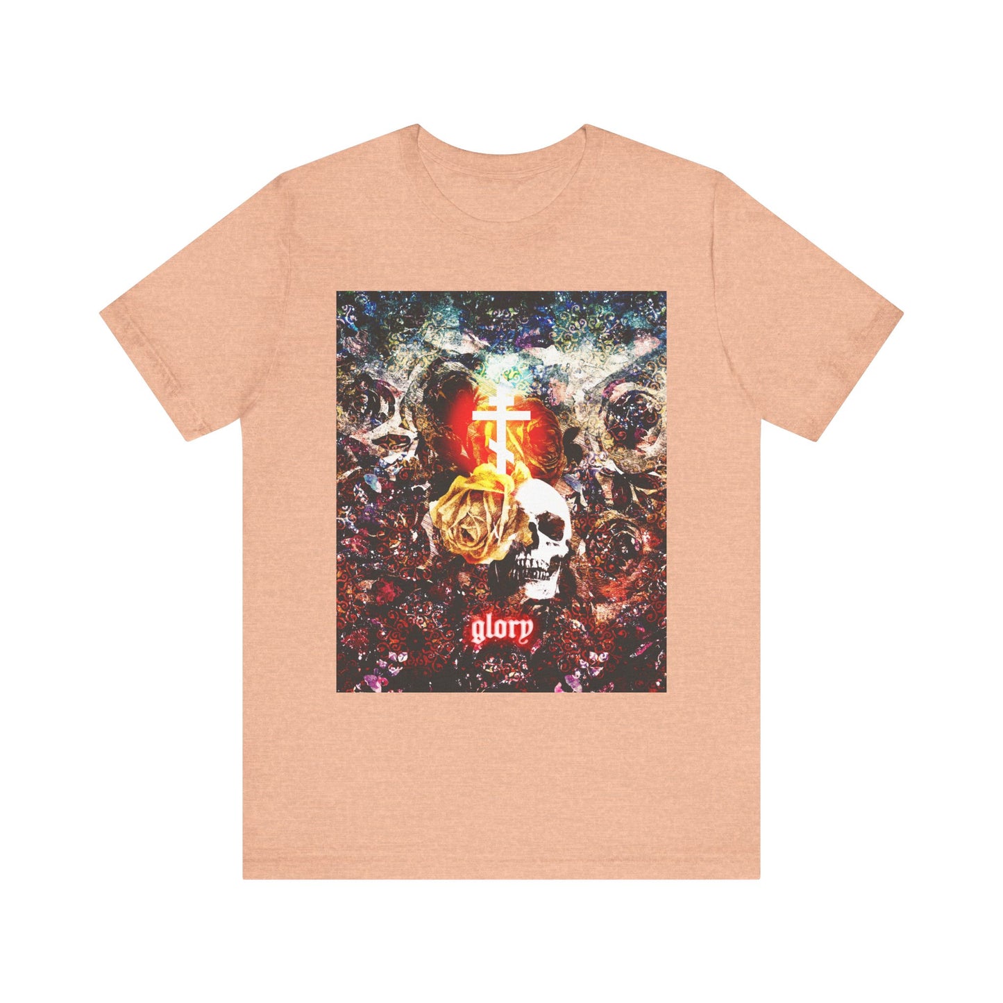 Heather peach unisex tee featuring a skull and floral glowing cross design, inspired by John 13:31 and Orthodox Christian themes of the Last Supper and the betrayal of Jesus by Judas Iscariot—includes a colorful background and the word "glorp.