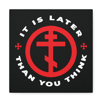 Black wall art featuring an Orthodox cross in a circle with "It is later than you think" text, inspired by Fr Seraphim Rose. Memento mori Christian decor honoring the American saint’s call to light. Perfect for Orthodox and apocalypse-themed spaces.