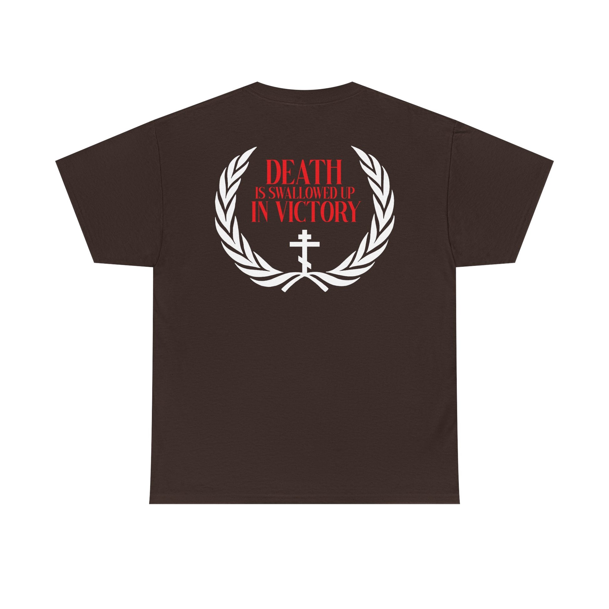 The Archangel Michael of the Apocalypse double-sided unisex tee features a white laurel wreath, cross, and "Death is swallowed up in victory" text on the back—referencing Revelation 12:7-9. Midweight cotton Orthodox iconographic shirt.