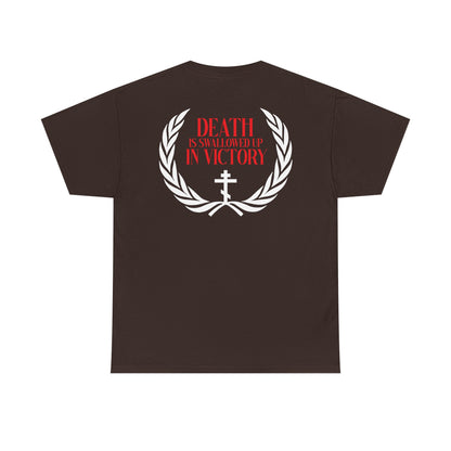 The Archangel Michael of the Apocalypse double-sided unisex tee features a white laurel wreath, cross, and "Death is swallowed up in victory" text on the back—referencing Revelation 12:7-9. Midweight cotton Orthodox iconographic shirt.
