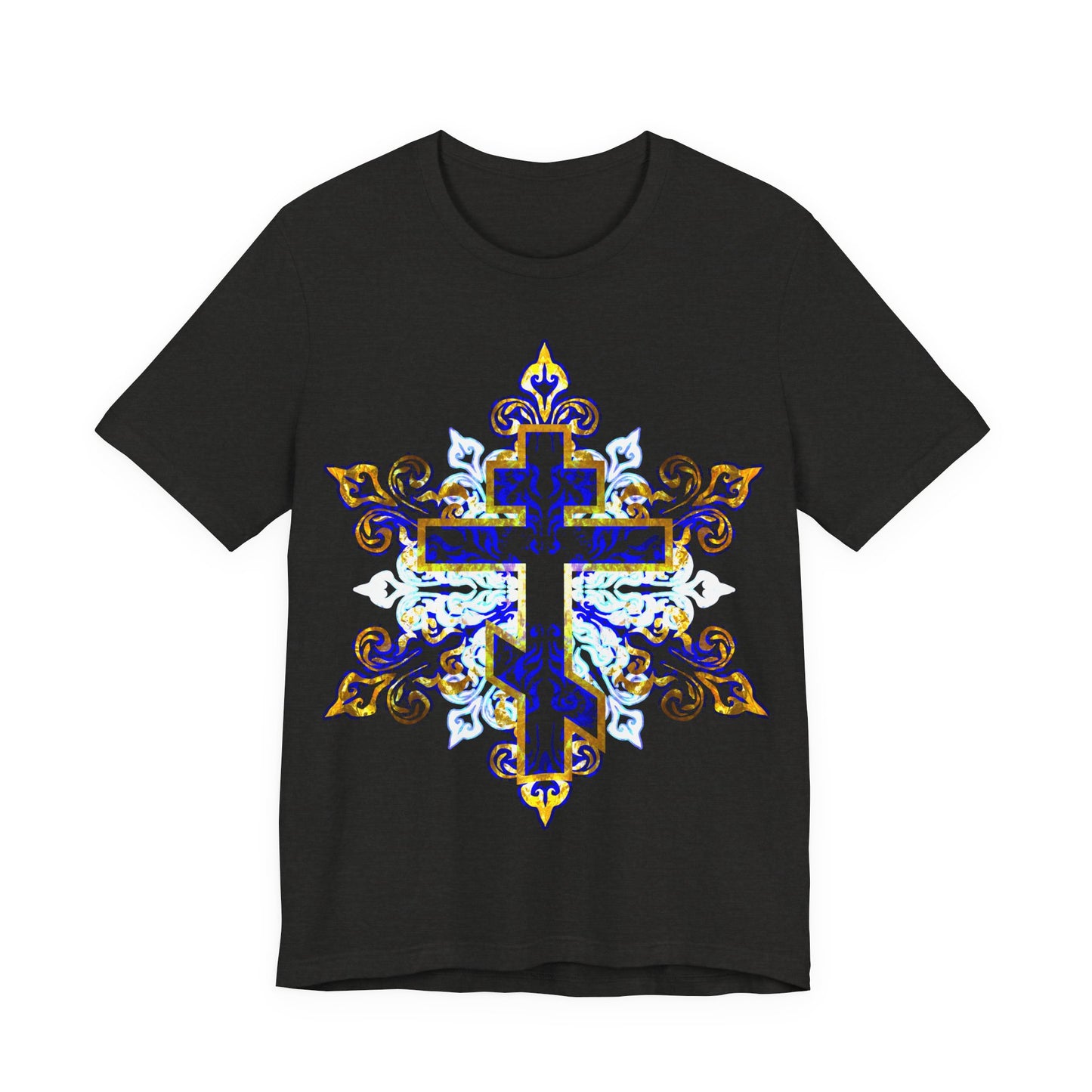 Ornate Glowing Blue White & Gold Cross | Medieval Filigree Design | Orthodox Christian Cotton Unisex T-Shirt