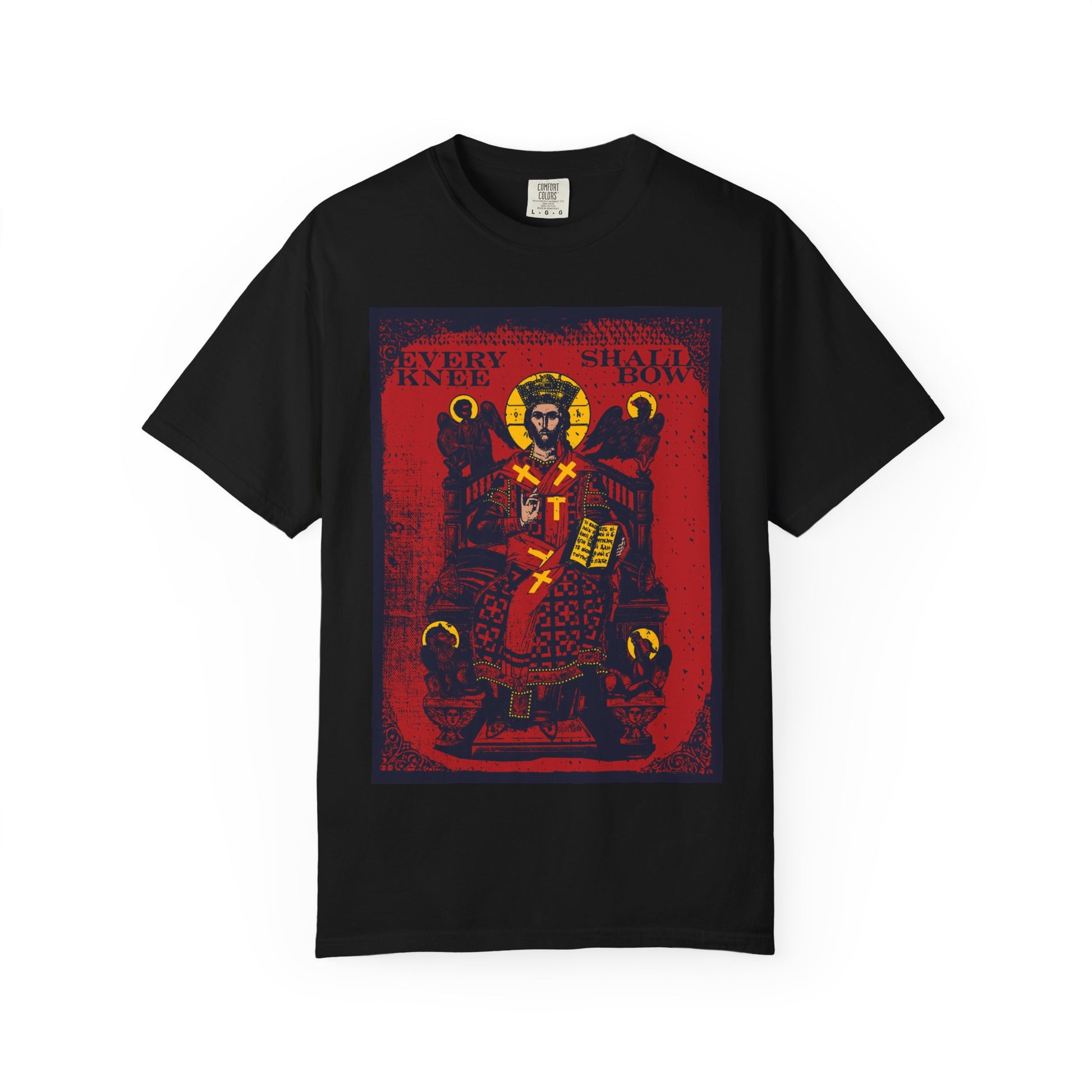 Black heavyweight cotton tee featuring the "Every Knee Shall Bow" (Phil 2:8-11, Isaiah 45:23) Christ Enthroned IconoGraphic with Ezekiel's Chariot design—a reminder that Jesus is Lord.