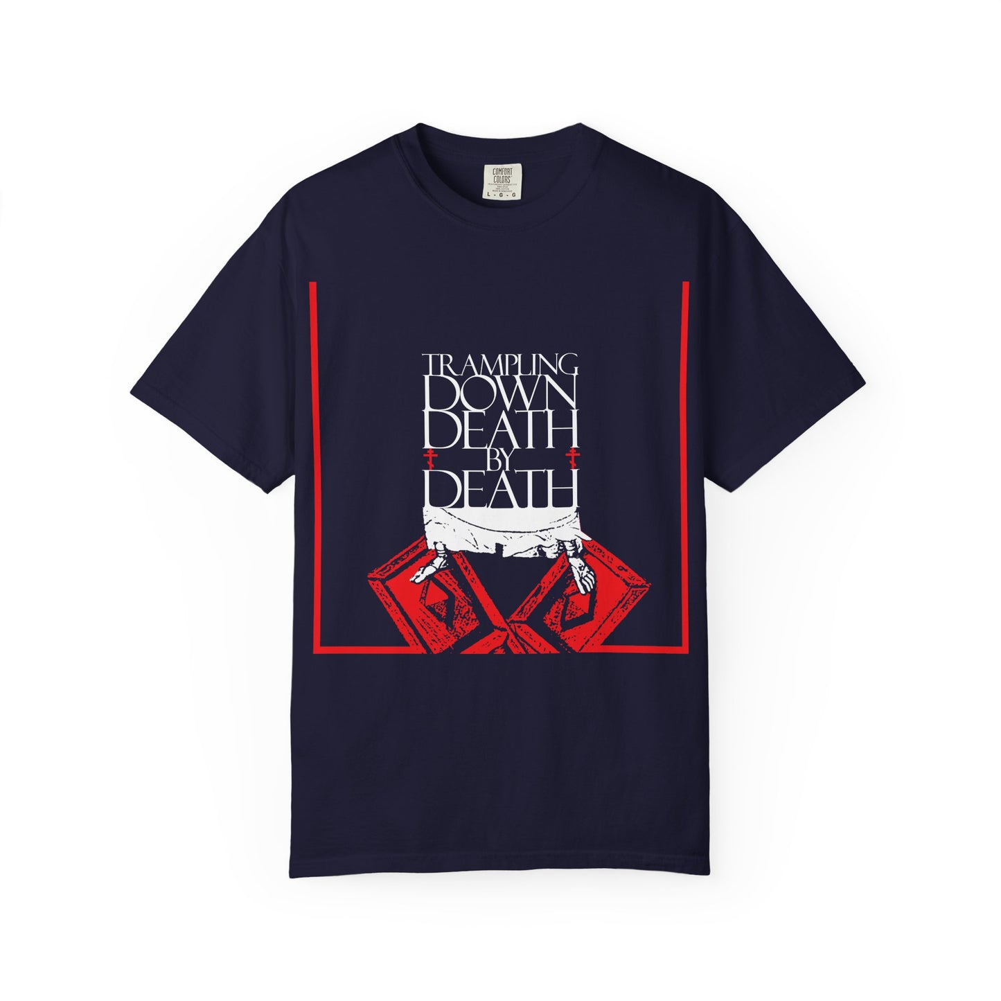 True Navy “Trampling Down Death By Death” heavyweight cotton tee features iconographic Jesus' feet on the Gates of Hades, symbolizing Pascha, resurrection, and Orthodox victory over death. Unisex fit.