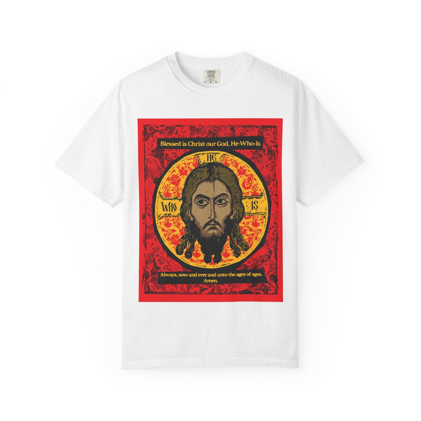 White "Made Without Hands" T-shirt featuring a red and gold icon-style image of Jesus Christ, inspired by Orthodox hymn tradition; heavyweight cotton, unisex fit.