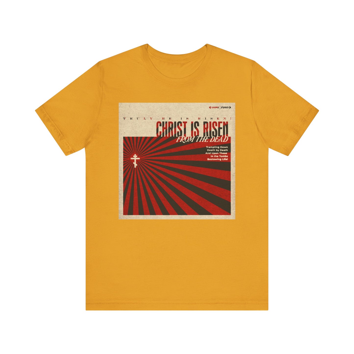 Mustard Christ is Risen from the Dead Orthodox Christian tee, featuring a retro LP cover design with a bold cross and red rays, celebrating Christ's resurrection and victory over death. Lightweight cotton, unisex fit.