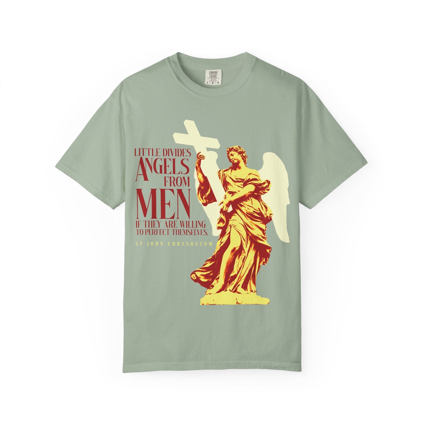 A bay-colored heavyweight cotton unisex tee featuring a red and yellow angel statue and a striking red quote inspired by St John Chrysostom, reflecting on the distinction between angels and men.