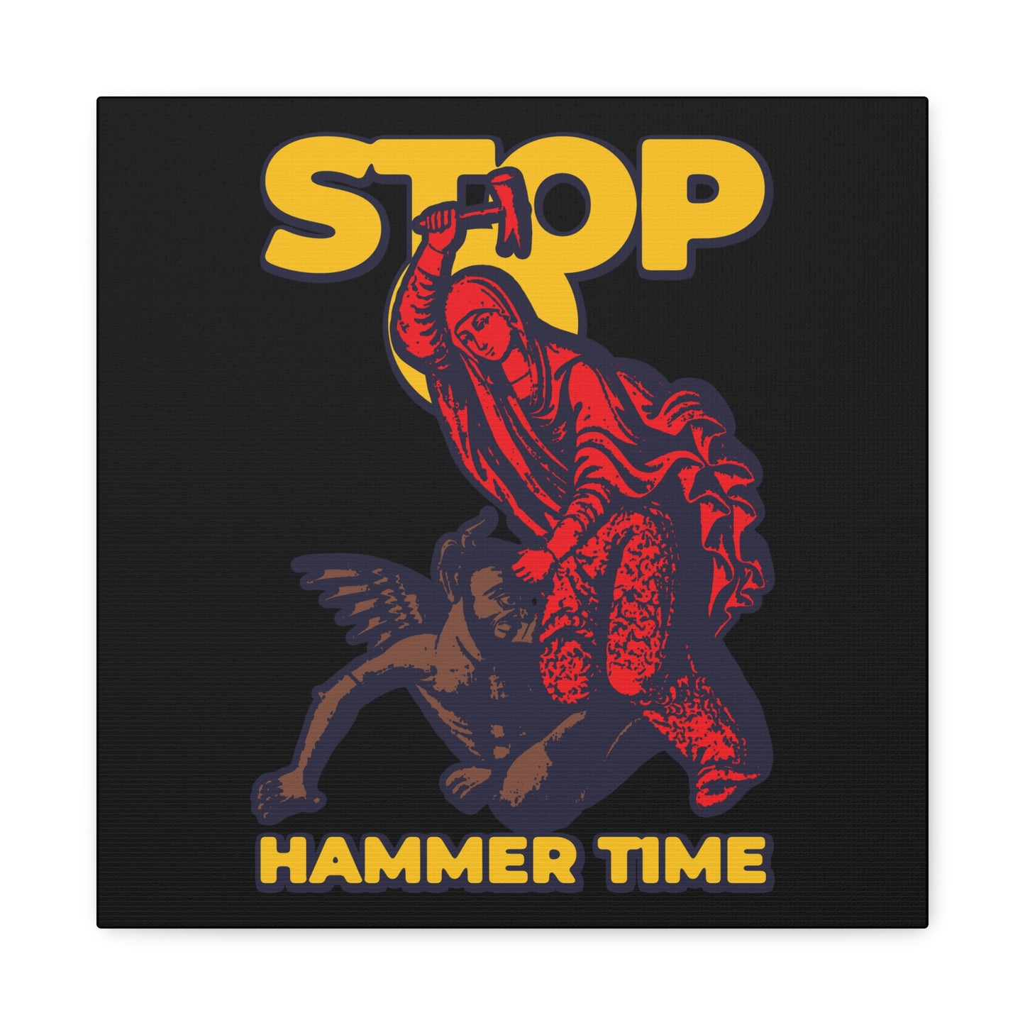 The "St Marina of Antioch Beating the Devil with a Hammer" wall art features bold red, blue, and yellow, with the phrase "STOP HAMMER TIME"—a modern Orthodox meme that reimagines Christian legend with vibrant style.