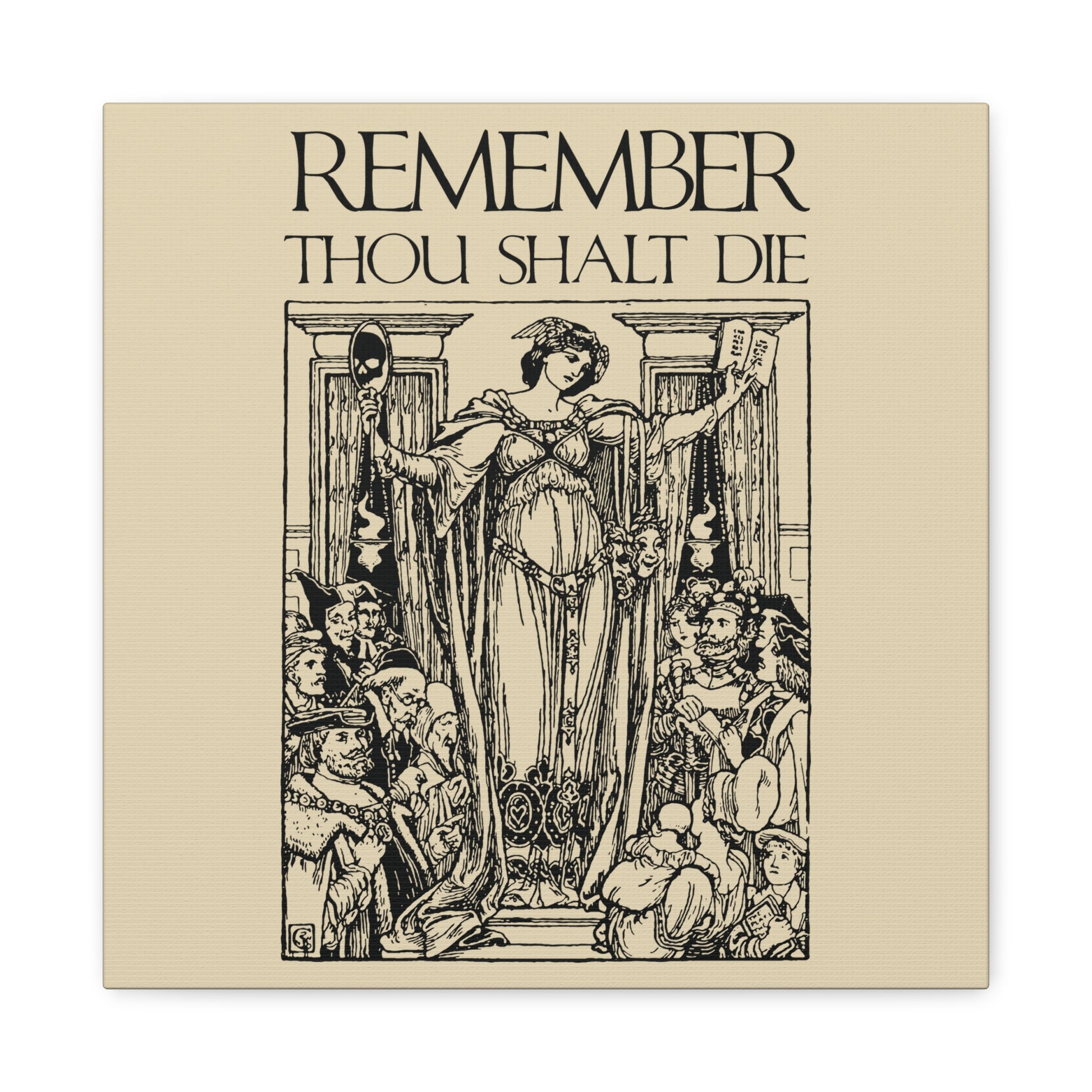Artistic woodcut of a masked woman with book amid crowd. Text: "Remember You Will Die"—a Shakespearean, Memento Mori Christian wall art inspired by classic illustrations and reflections on mortality.