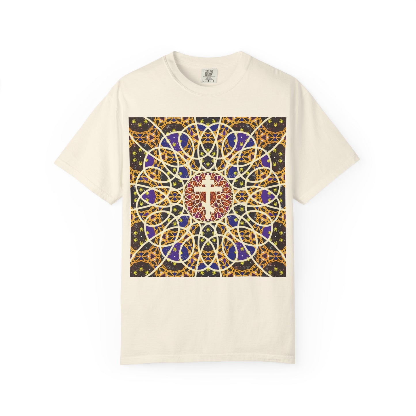 Ivory T-shirt titled “Medieval Cosmology Rose Window Orthodox Cross | Let all the earth venerate the Cross,” made from heavyweight cotton, featuring a colorful and intricate geometric rose window design with an Orthodox Cross at the center, inspired by the robe of incorruption from Tone 6 Sunday Matins.