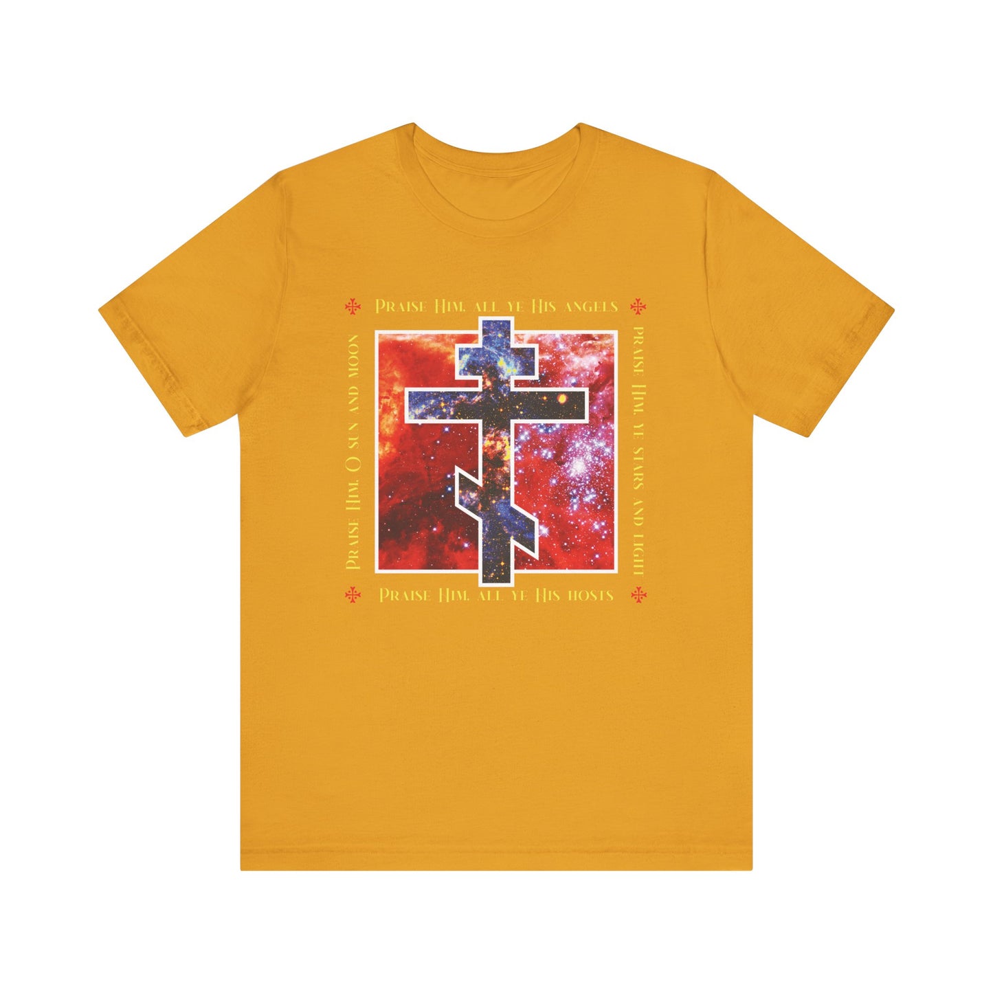 Praise Him All Ye His Angels, Praise Him Ye Stars and Light | Cosmic Orthodox Cross | Divine Council | Lightweight Cotton Unisex Tee