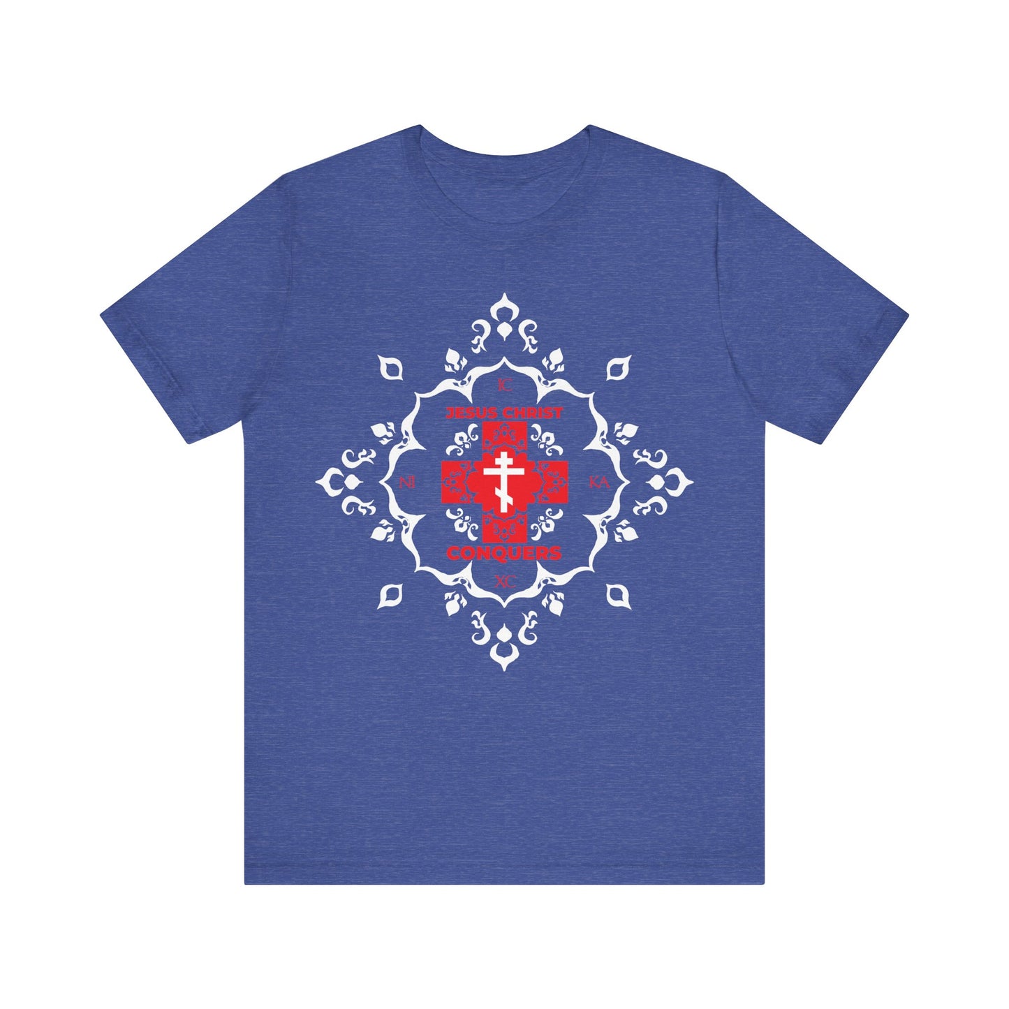 Heather True Royal t-shirt featuring a white Orthodox cross with red modern "ICXC NIKA" text, symbolizing Jesus Christ conquers, and a medieval filigree design.