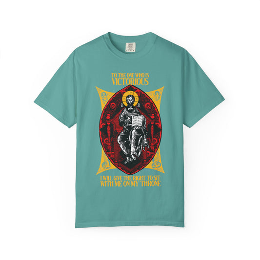 Seafoam unisex tee—Orthodox Christian heavyweight cotton—with a Christ is King, Enthroned in Glory graphic and “To the One Who Is Victorious” (Rev 3:21) text, inspired by the heavenly promise to reign with Christ.