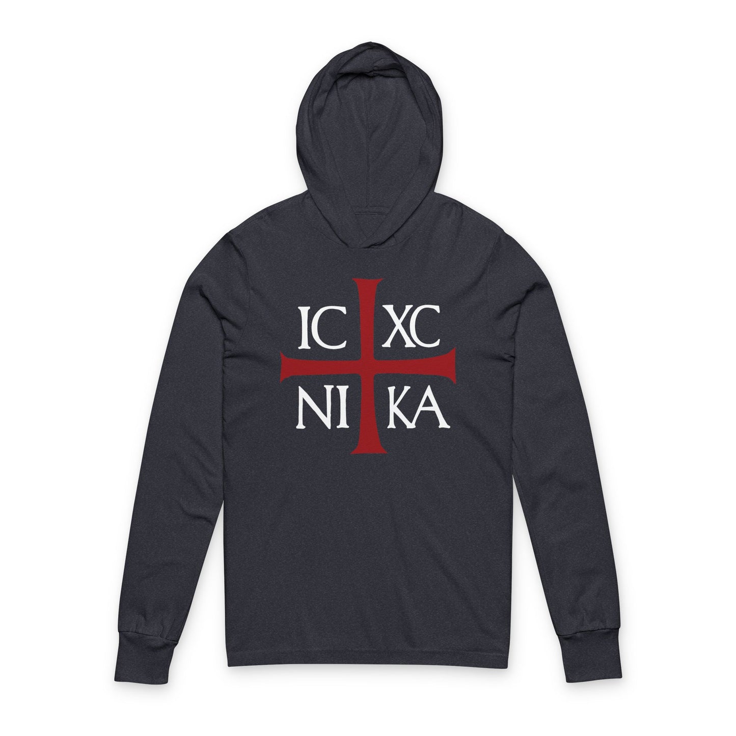 Heather navy ICXC NIKA hoodie with red cross and white text, inspired by the ancient Byzantine Christogram. Features "Jesus Christ Conquers" in bold Orthodox style, reflecting Romans 8:31-39 and Christ’s love for God’s elect.