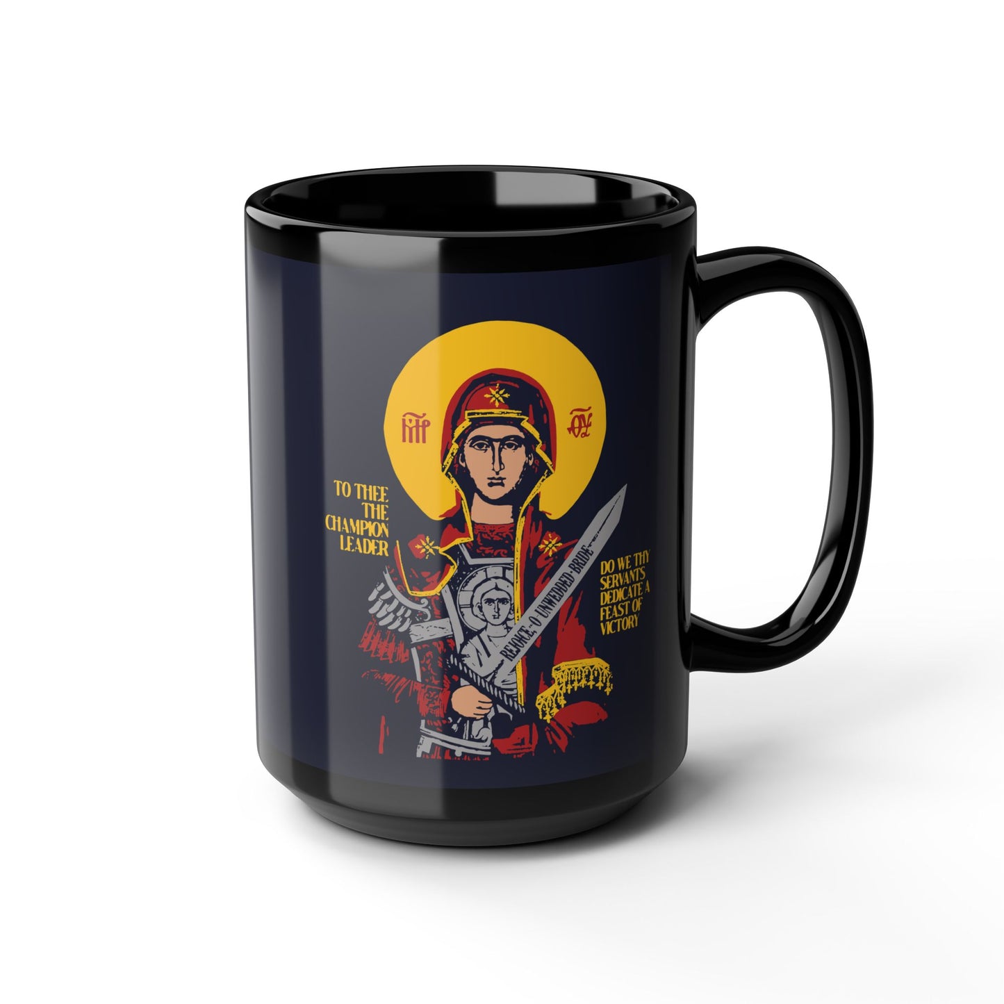 To Thee the Champion Leader | Mother of God | Theotokos with Sword IconoGraphic | Orthodox Christian Black Mug
