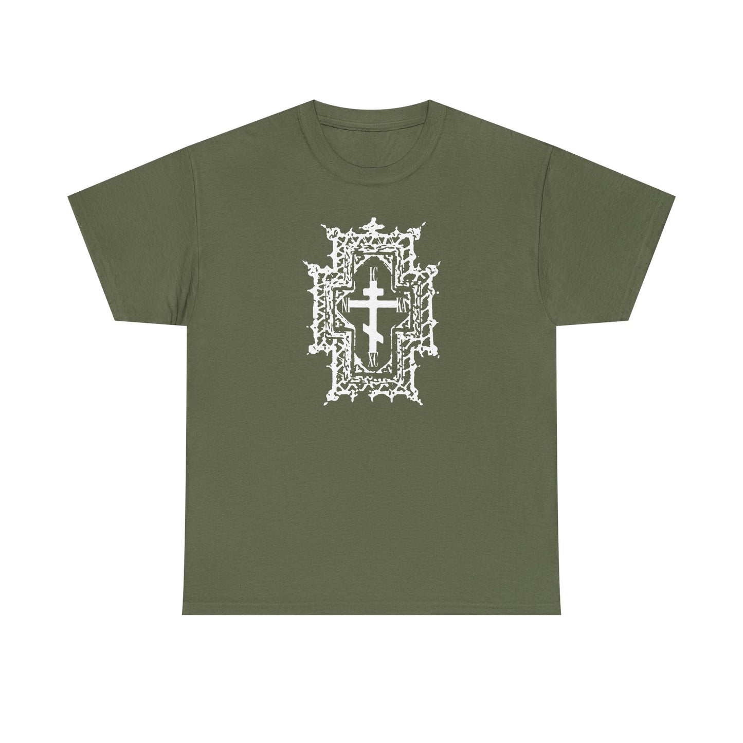 Military green ICXC NIKA "Jesus Christ Conquers" t-shirt with a Gothic cathedral style Orthodox cross and subtle cross and nail details, symbolizing being healed by His wounds. Heavy cotton.