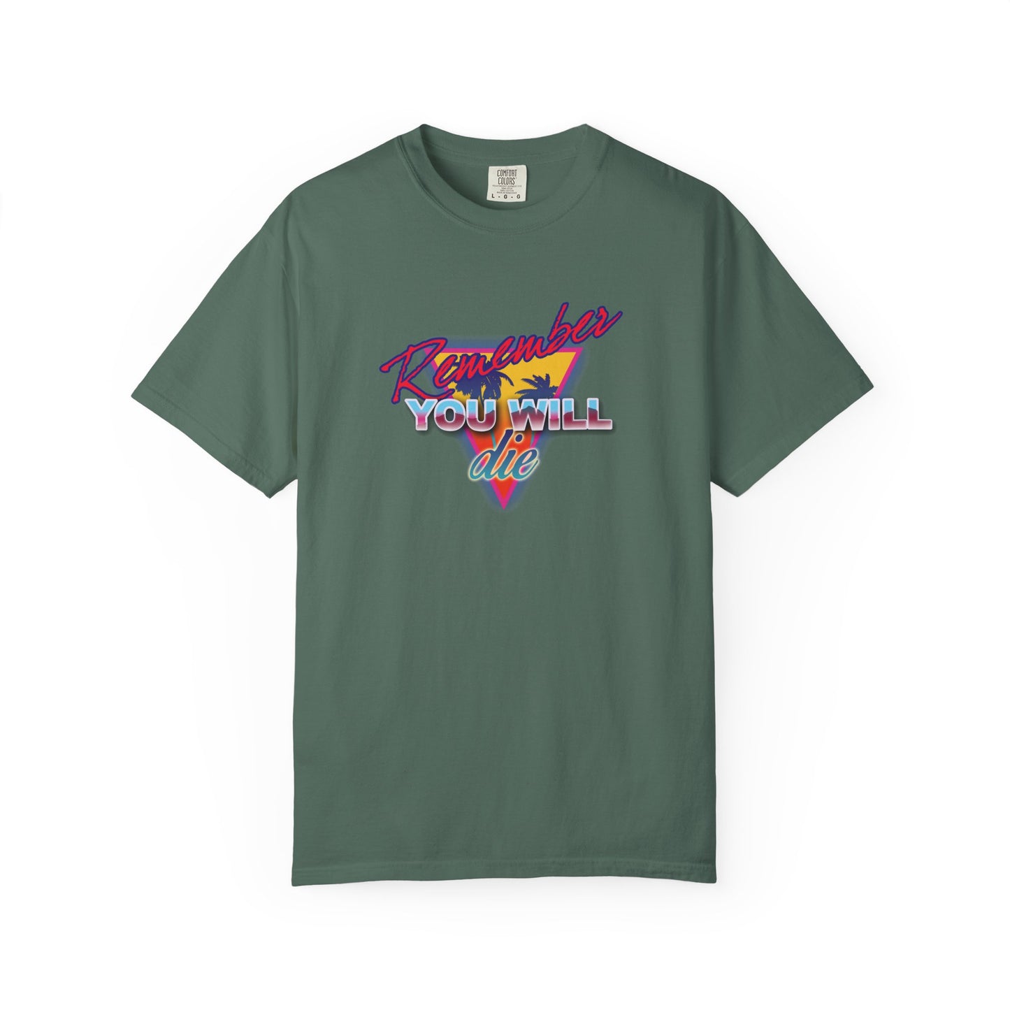 Blue Spruce t-shirt with vibrant retro palm tree and “Remember You Will Die” text—an 80s synthwave memento mori tee inspired by The Ladder of Divine Ascent. Heavyweight cotton, unisex Orthodox style.