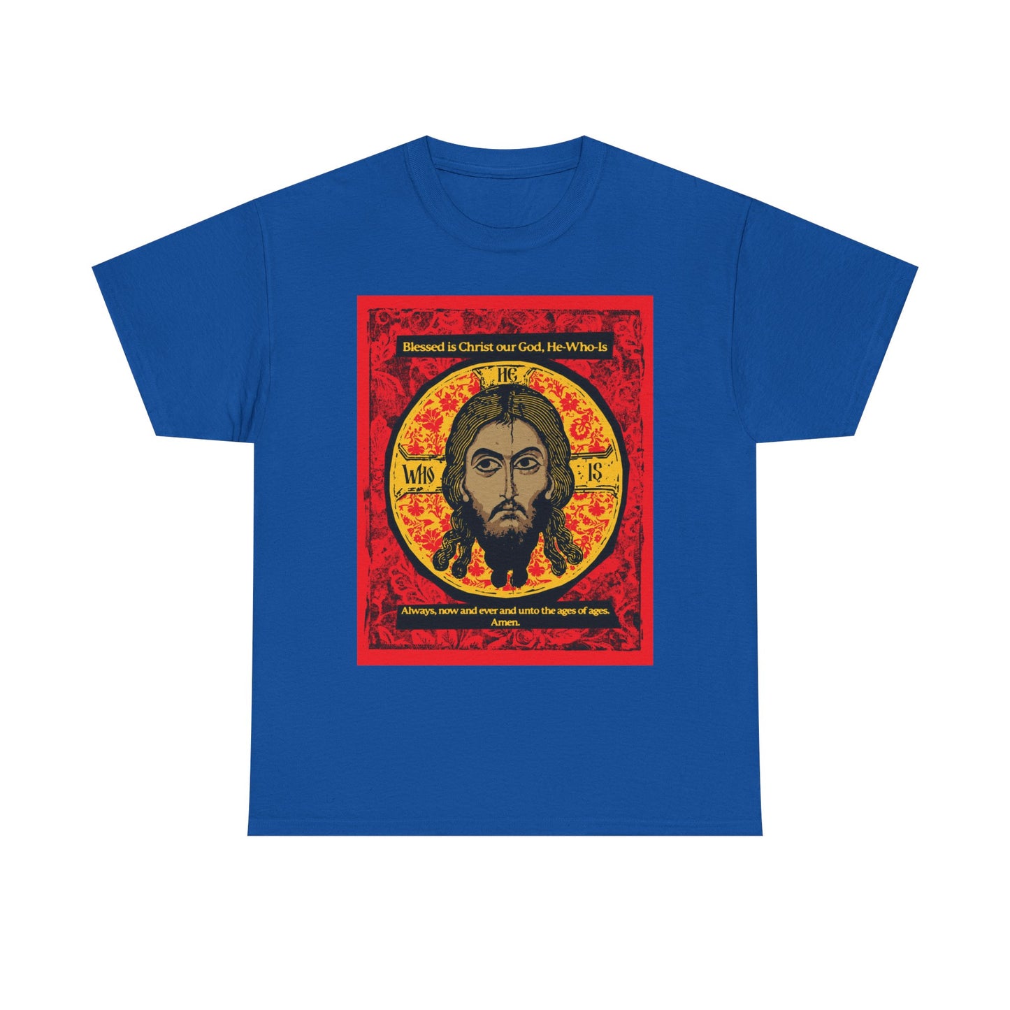 Royal heavy cotton t-shirt featuring a graphic of the Mandylion (Image of Edessa), with Jesus Christ's icon and Orthodox-inspired text, inspired by Christian hymn tradition.