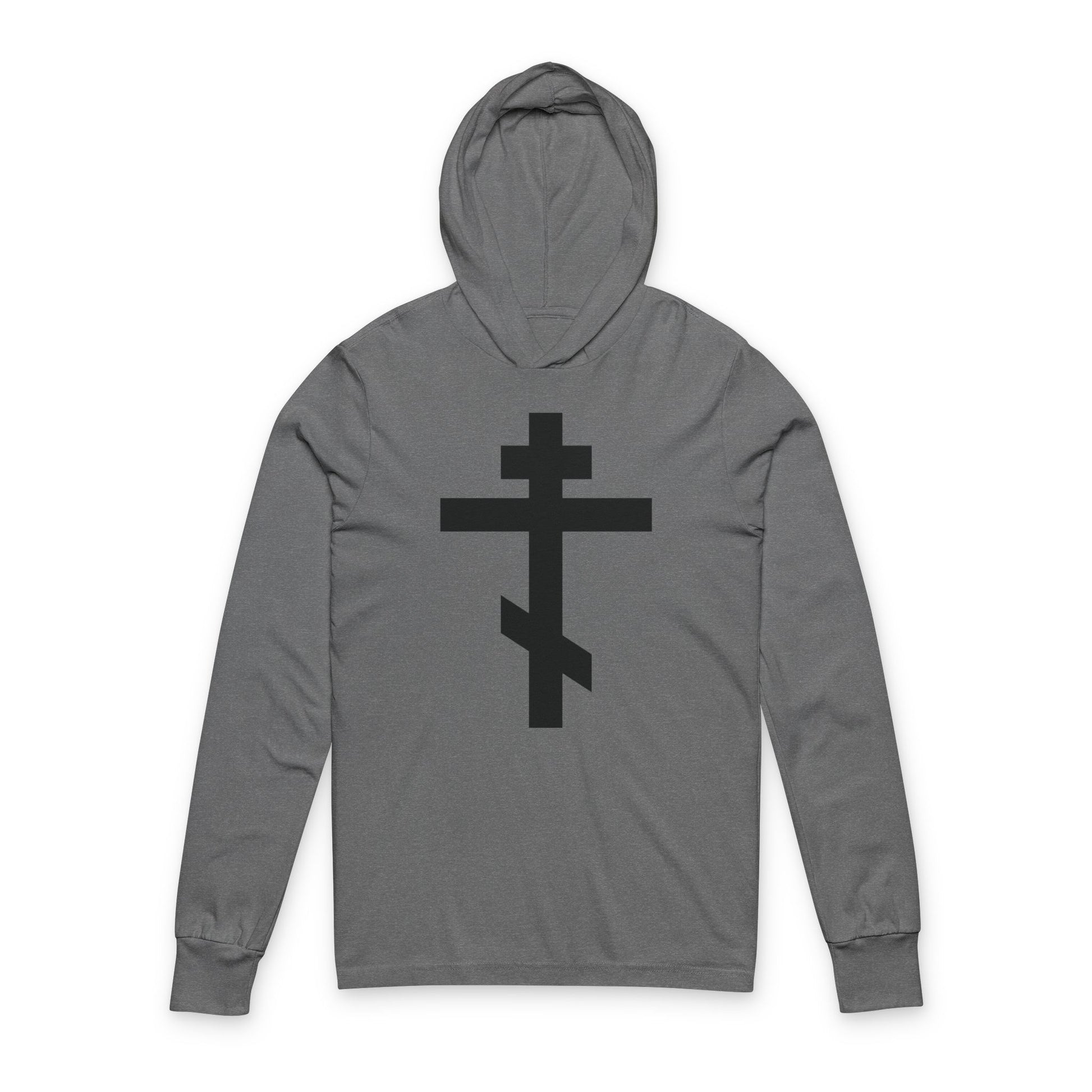 Grey TriBlend hooded shirt featuring a large black Orthodox Cross and the phrase "May I never boast, except in the cross of our Lord Jesus Christ" (Gal 6:14), inspired by St John Chrysostom on Galatians.
