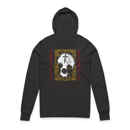 To Live is Christ, to Die is Gain (Philippians 1:21) | Skull with Cross on Gold Manuscript Texture | Orthodox Long Sleeve Hooded Shirt