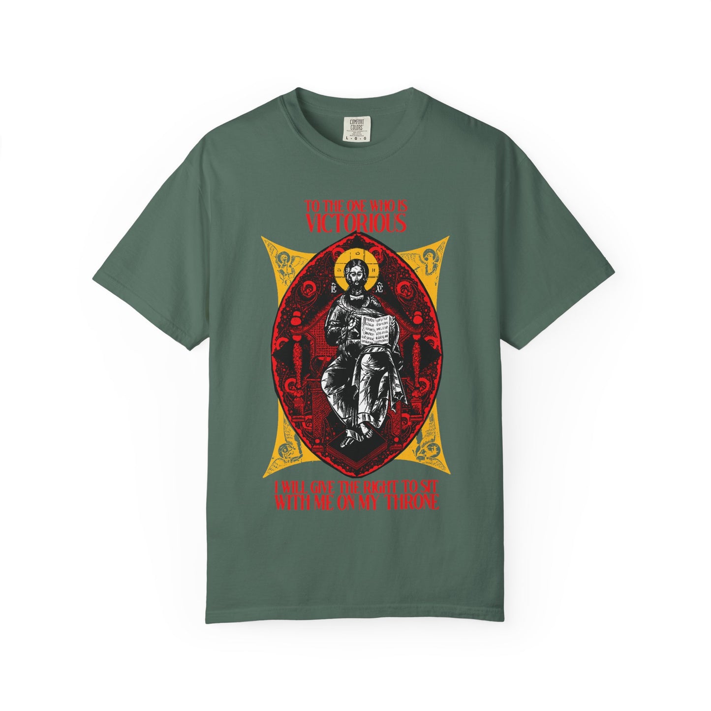 Blue Spruce heavyweight tee featuring a medieval-style crowned Christ illustration with red and yellow accents, inspired by Revelation 3:21 and the promise to reign with Him. "Christ is King, Enthroned In Glory IconoGraphic.