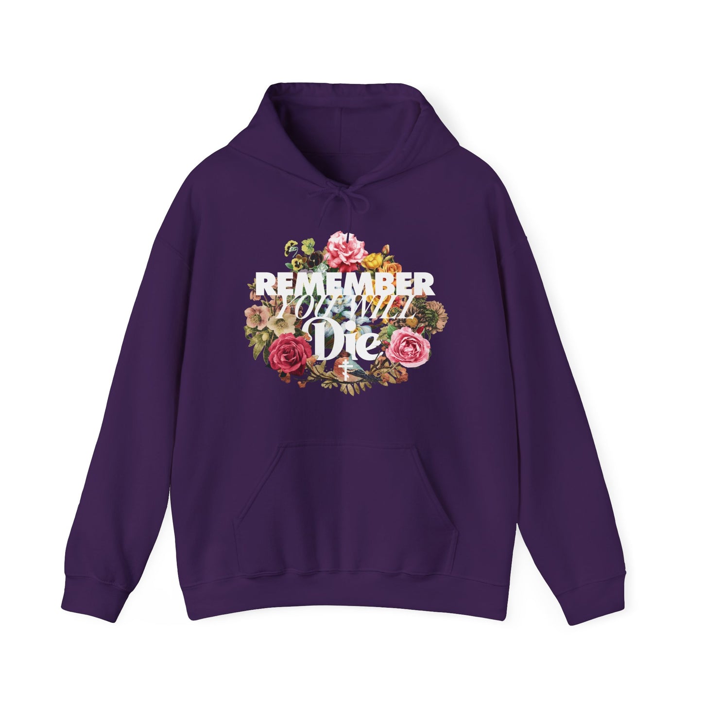 Remember You Will Die | Cross | Classic Typography & Floral Wreath Design (FRONT PRINT) | Memento Mori | Orthodox Christian Hoodie
