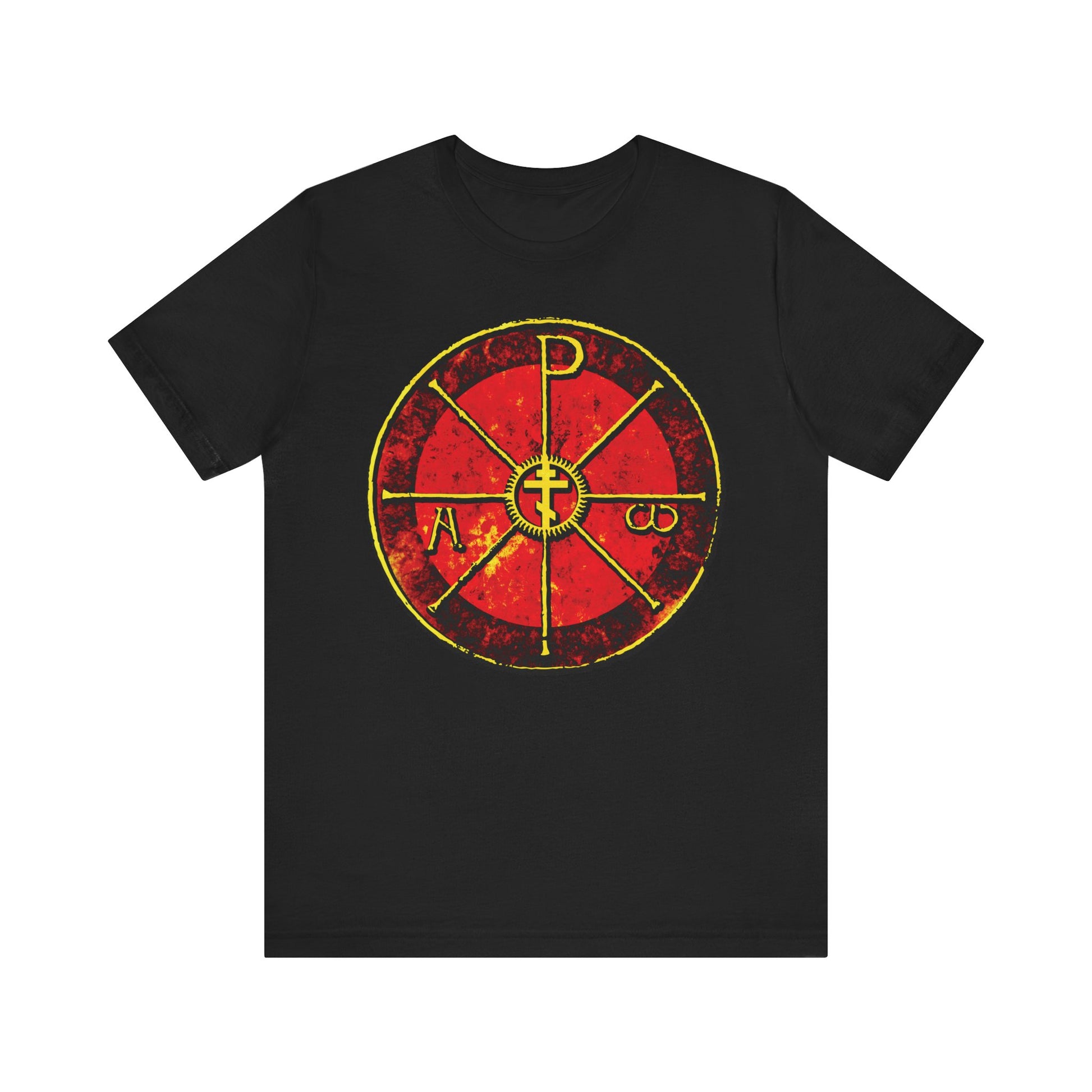 Black "Alpha & Omega Chi Rho Orthodox Cross" T-shirt features an ancient Christogram and Greek letters on the front, inspired by historic Christian art of the Duomo di Milan. Lightweight cotton.