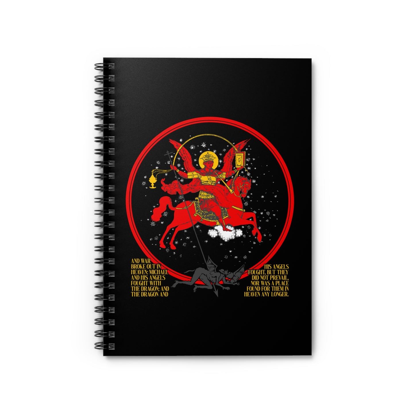 The "Archangel Michael of the Apocalypse Icono-Graphic" spiral notebook features Michael defeating Satan in the War in Heaven (Revelation 12:7-9), with golden text and stars on a striking black cover.