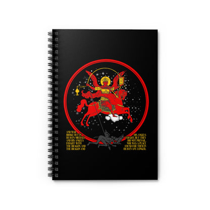 The "Archangel Michael of the Apocalypse Icono-Graphic" spiral notebook features Michael defeating Satan in the War in Heaven (Revelation 12:7-9), with golden text and stars on a striking black cover.