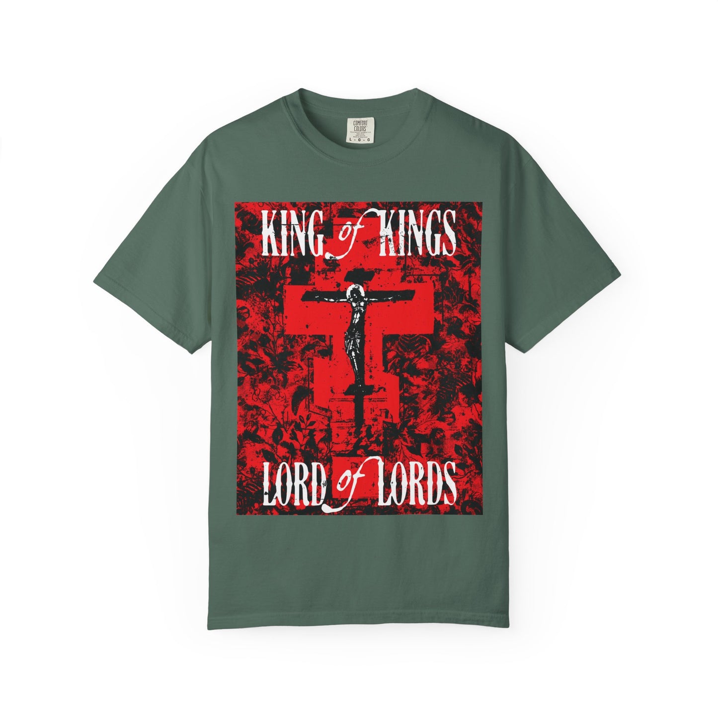 King of Kings, Lord of Lords | Christ Crucified Icono-Graphic | Red Cross Nature Texture w/ White Text | Heavyweight Cotton Unisex Tee