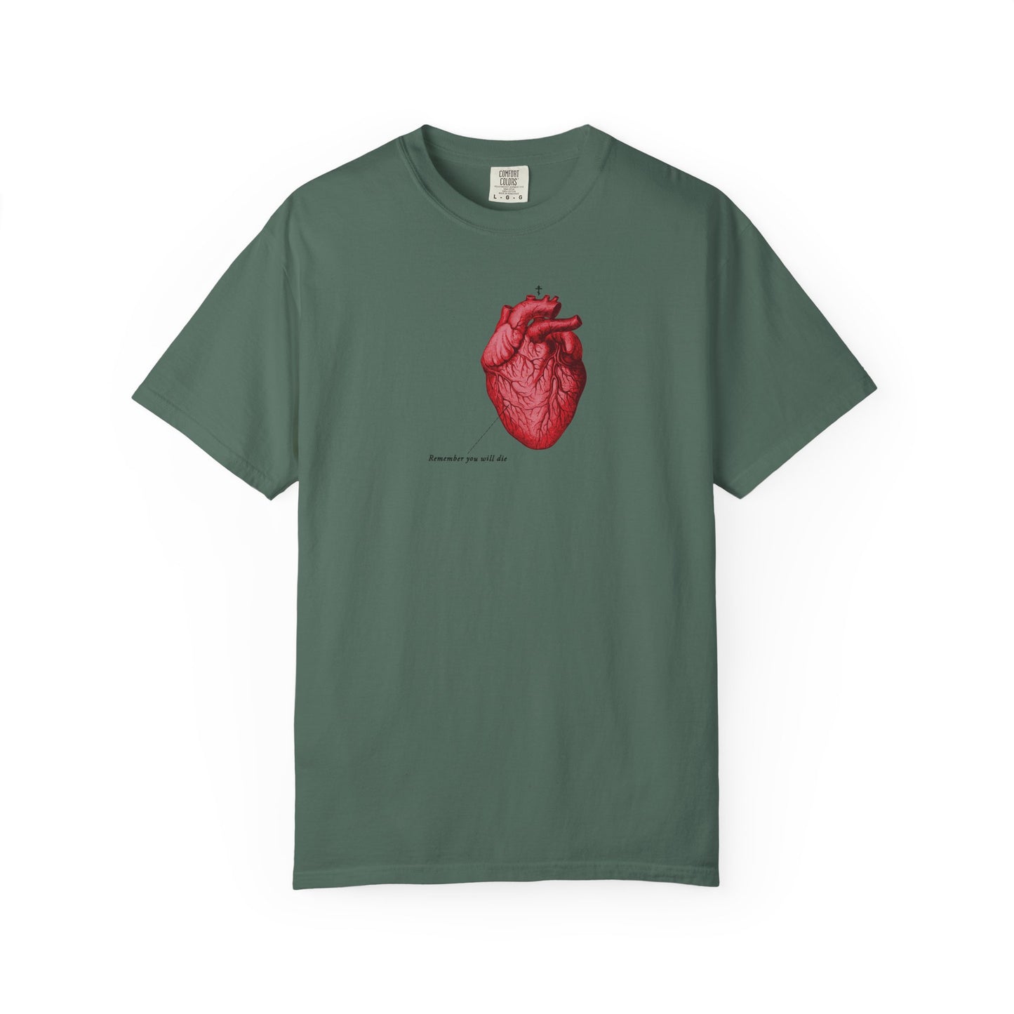 Blue Spruce heavyweight unisex tee featuring a retro medical heart graphic and "Remember you will die" text—memento mori inspired, from the "It's Later Than You Think" collection.