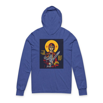 To Thee the Champion Leader | Mother of God | Theotokos with Sword IconoGraphic | Orthodox Long Sleeve Hooded Shirt