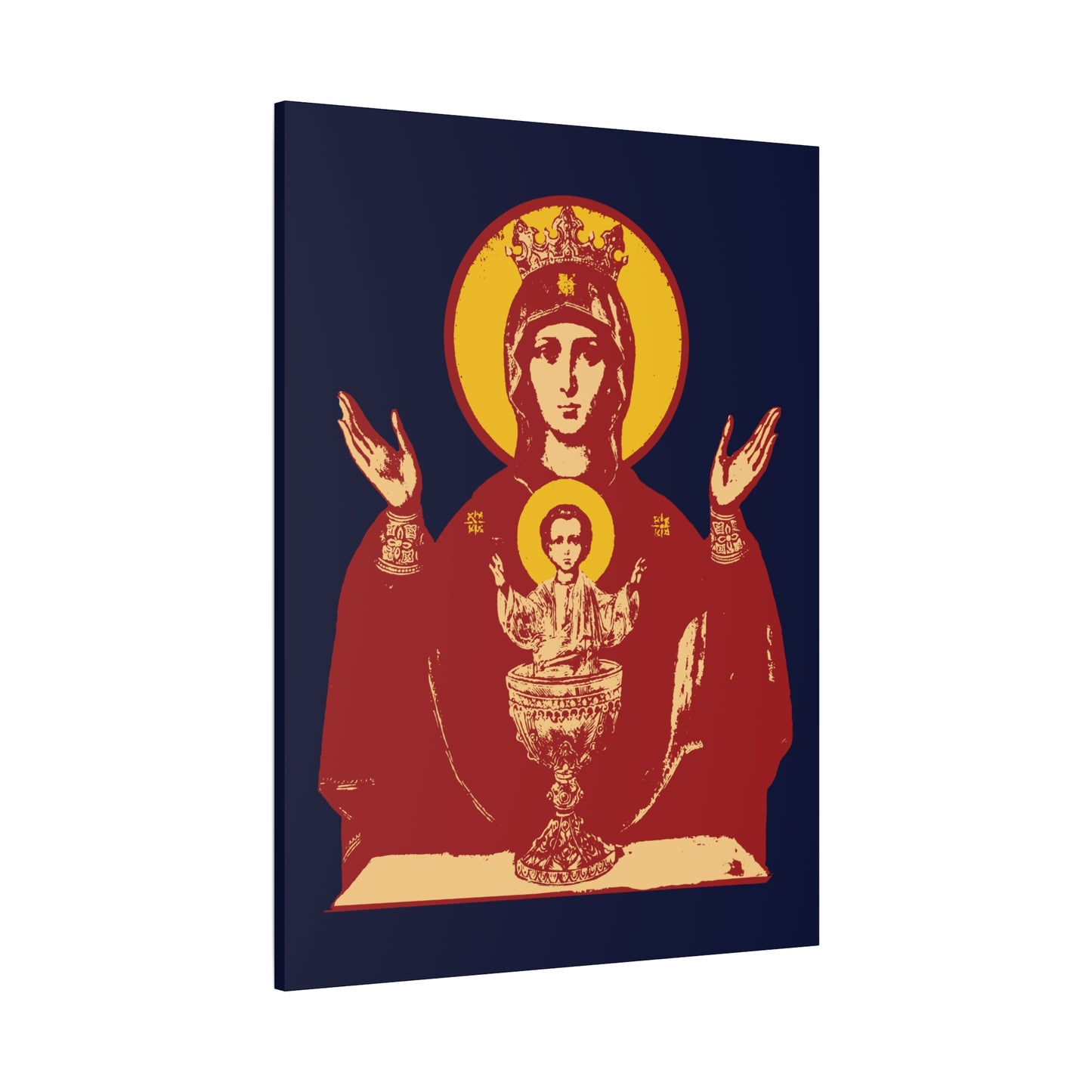 Holy Theotokos IconoGraphic of the Inexhaustible Chalice—shows the Mother of God with raised hands, Christ child in a chalice on dark blue. Orthodox Christian wall art: Deliverer from Addictions, Conquer Passions.