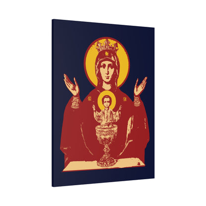Holy Theotokos IconoGraphic of the Inexhaustible Chalice—shows the Mother of God with raised hands, Christ child in a chalice on dark blue. Orthodox Christian wall art: Deliverer from Addictions, Conquer Passions.