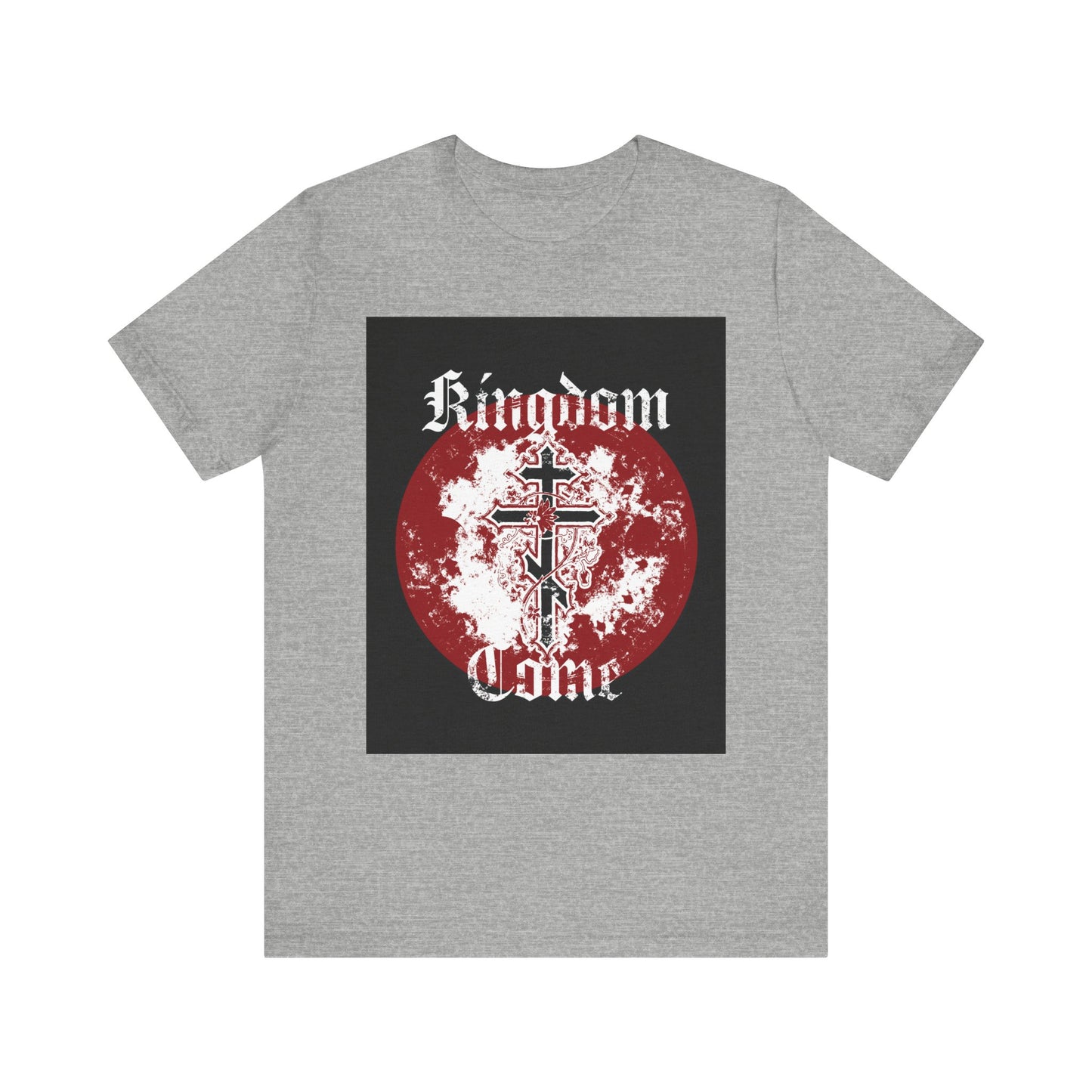 Athletic Heather tee showcasing "Kingdom Come" in a textured Gothic font, an Orthodox cross with vine detail, and a bold red circle backdrop on the front—perfect for expressing your faith inspired by the Lord’s Prayer.