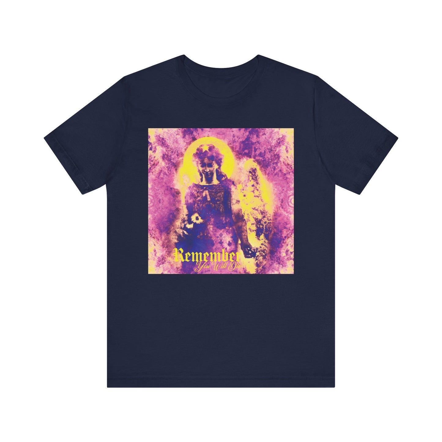 Navy t-shirt featuring a pastel goth psychedelic cemetery angel graphic with the text "Remember You Will Die," inspired by Orthodox Christian themes of prayer and protection.