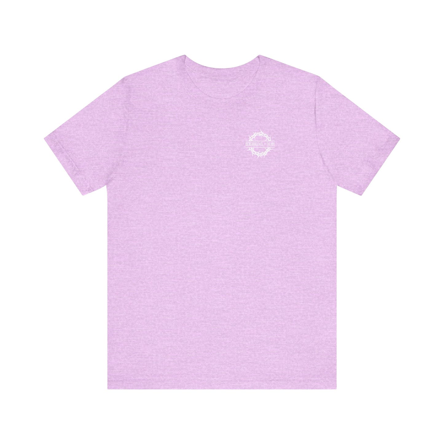 Heather Prism Lilac BACK PRINT 2-Sided tee with small branded front, "Dead to this World" theme, featuring a Christian goth flower cross & skull. Lightweight cotton unisex shirt inspired by renunciation of the world.