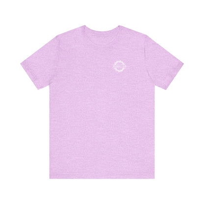 Heather Prism Lilac BACK PRINT 2-Sided tee with small branded front, "Dead to this World" theme, featuring a Christian goth flower cross & skull. Lightweight cotton unisex shirt inspired by renunciation of the world.