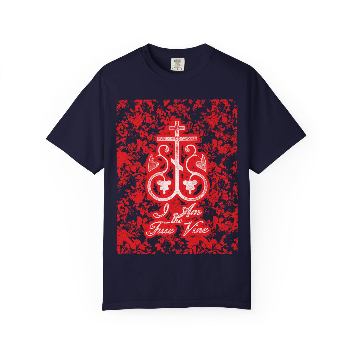 Showcase your faith with the I Am the True Vine (John 15:1) | Orthodox Cross Vine Monogram Tee—a heavyweight cotton unisex t-shirt in True Navy, featuring a striking red and black floral design and white monogram graphic. Inspired by John 15:1-8, this shirt is a daily reminder to bear fruit in your life.