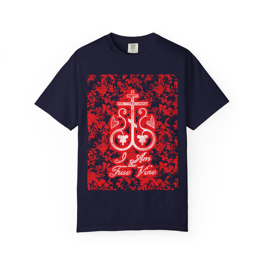 Showcase your faith with the I Am the True Vine (John 15:1) | Orthodox Cross Vine Monogram Tee—a heavyweight cotton unisex t-shirt in True Navy, featuring a striking red and black floral design and white monogram graphic. Inspired by John 15:1-8, this shirt is a daily reminder to bear fruit in your life.